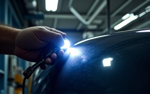 A technician inspecting a car's paint with a detailing light